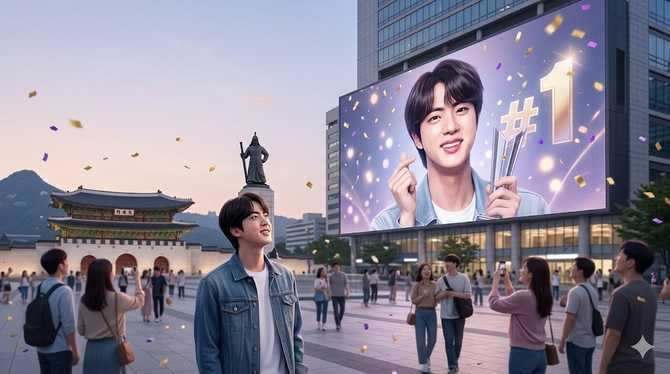 방탄소년단 진, 키윙 5회차 레이스 1위…광화문 초대형 전광판 장식