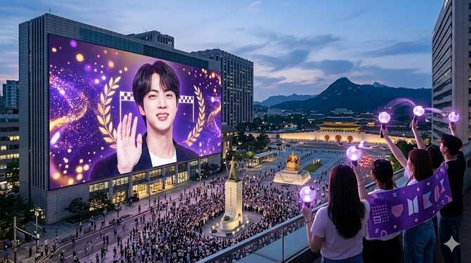 방탄소년단 진, 키윙 5회차 레이스 1위…광화문 초대형 전광판 장식 3