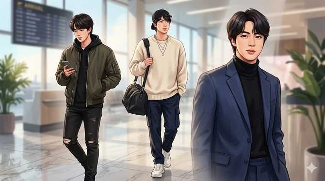 Jin 시그니처 룩 모음: 공항과 행사에서 드러난 그의 스타일 아이덴티티 3