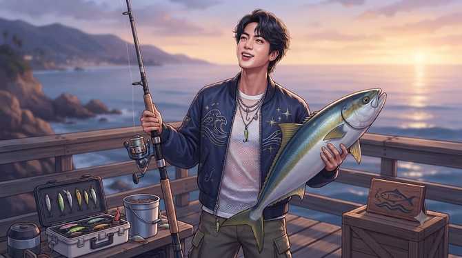 방탄소년단 진, 미국 바다에서 낚시로 '월척' 잡다! 완벽 비주얼과 함께하는 낚시 이야기 2