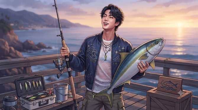 방탄소년단 진, 미국 바다에서 낚시로 '월척' 잡다! 완벽 비주얼과 함께하는 낚시 이야기 3